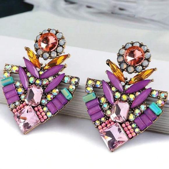 Ornate Triangle Crystal Earrings - Blue - Picture 6 of 6